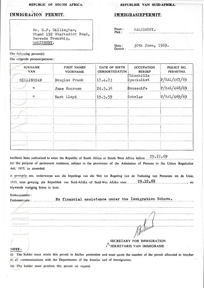 Sullivan Gillingham Violet chinchilla Republic of South Africa issues immigration permit